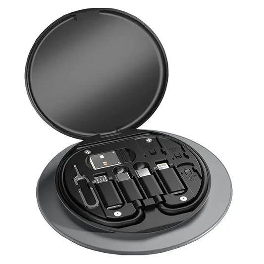 Optima Multi-Functional Fast Charging Data Cable Set for Apple, Android, Type C Charging with Retrieve Card Pin,Round Storage Box,Compact and Portable USB Data Cable Storage Box Travel Cable Set Optima