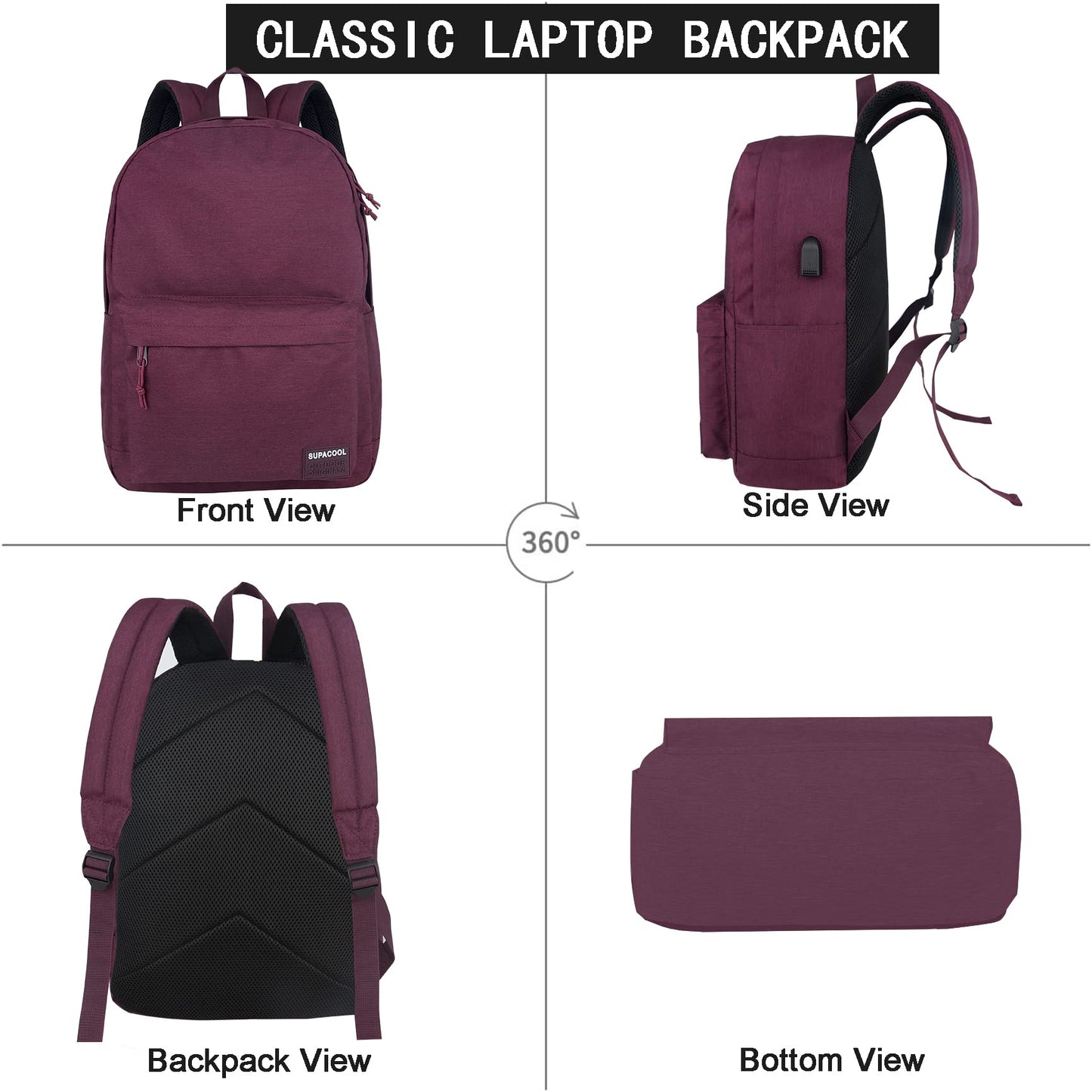 Optima Premium Casual Laptop Backpack - 20L, USB Charging, All Black