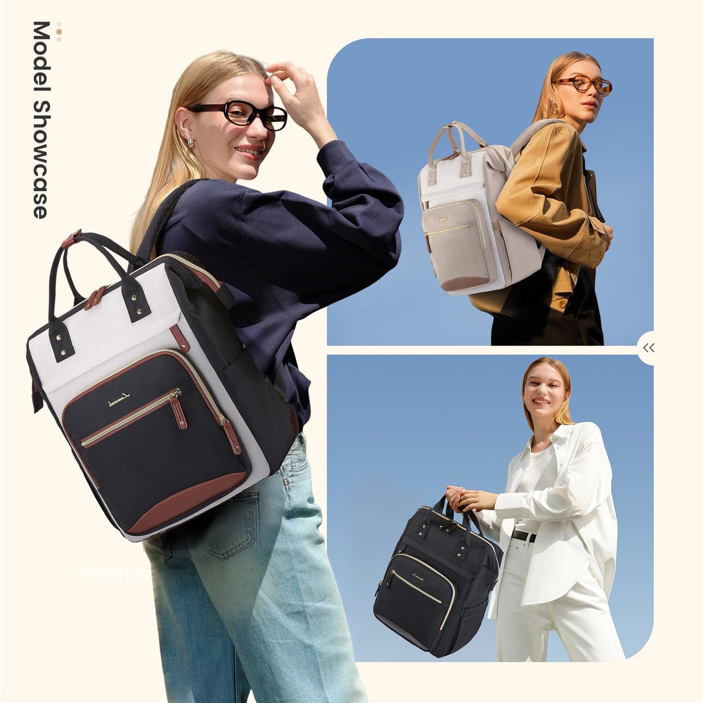 Optima Women's Fashion Laptop Backpack - 15.6 Inch, Beige-Black
