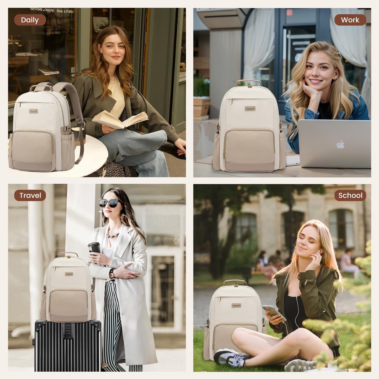 Optima Premium Laptop Backpack - 15.6 Inch, Beige Khaki, Travel Ready
