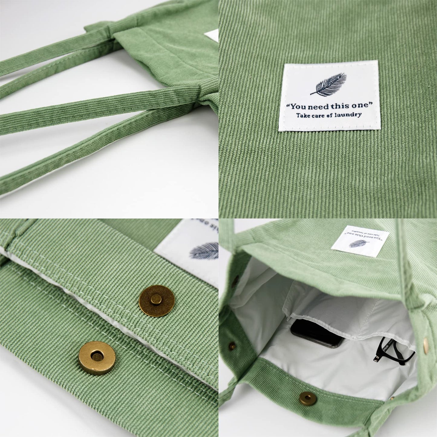 Optima Premium Corduroy Tote Bag - Large Matcha Green for Travel & Work