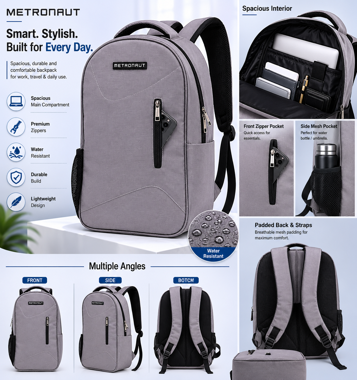 Premium Grey Laptop Backpack 15.6 inch – Water Resistant Office & College Bag | Wholesale Stock Lot (MOQ 25 Pieces)