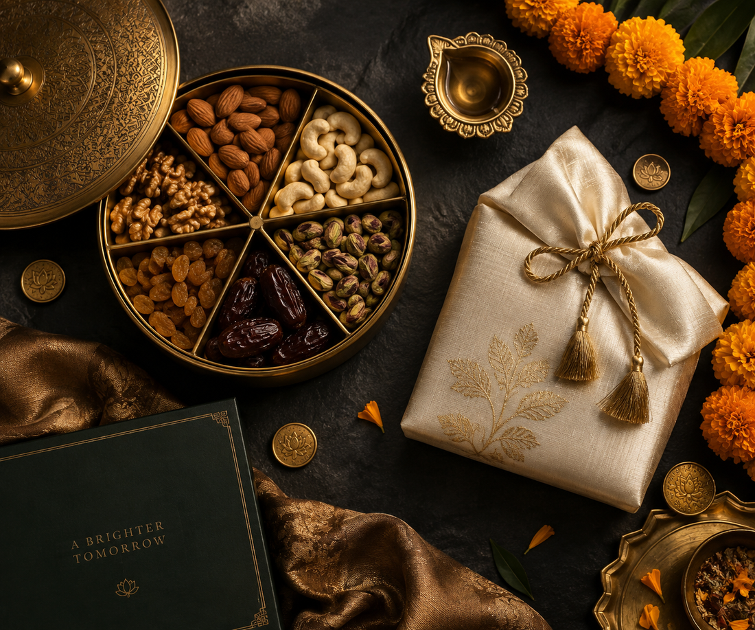 Corporate Diwali gift hamper with dry fruit thal, diyas and gift box