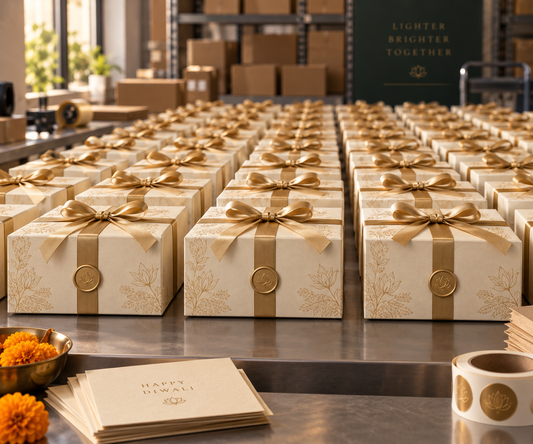 Rows of packed corporate Diwali hampers ready for dispatch