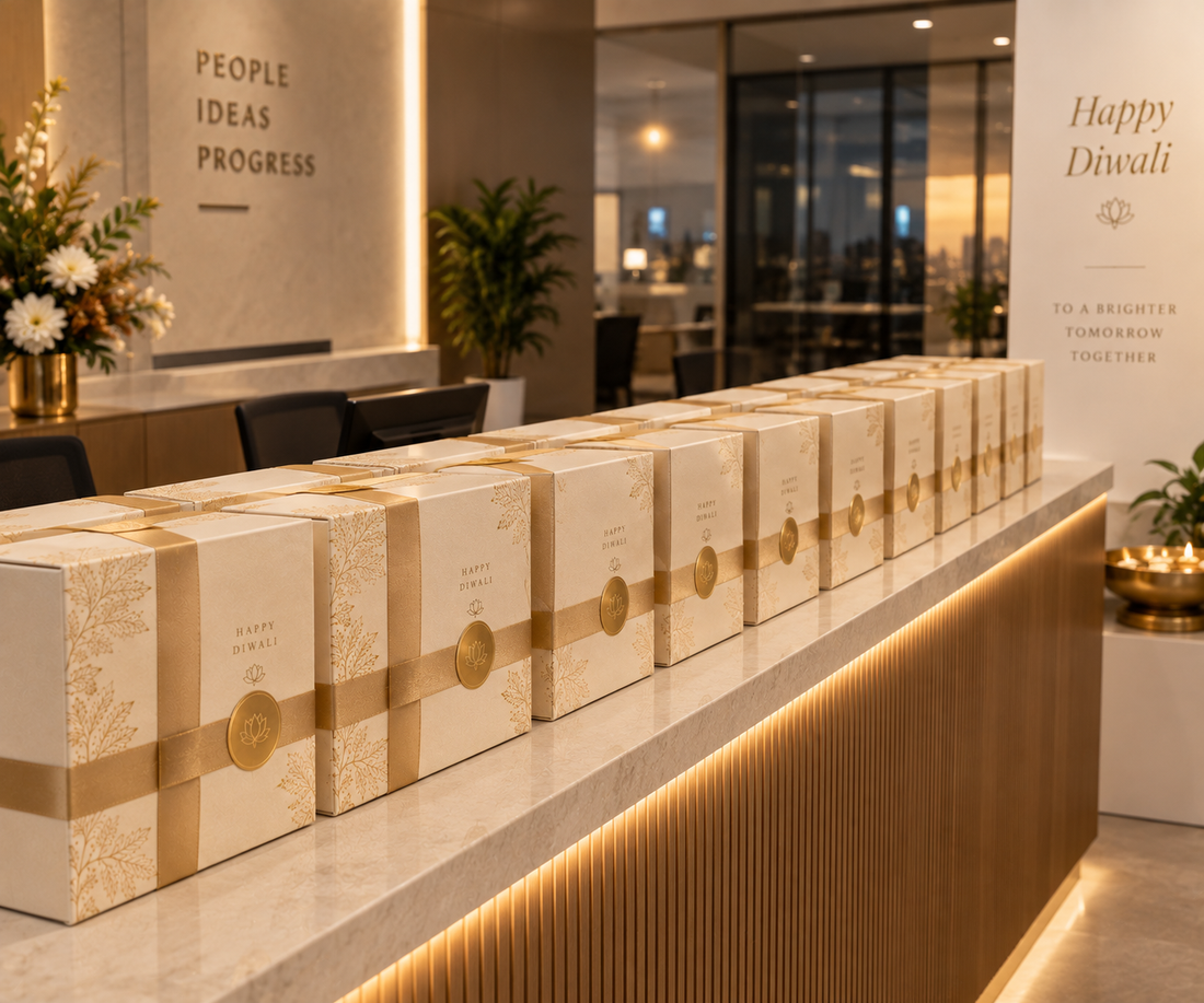 Branded Diwali hampers on an office reception counter