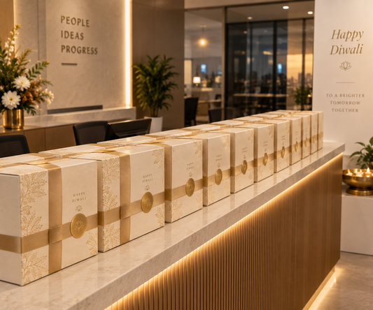 Branded Diwali hampers on an office reception counter