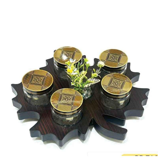 Chinar leaf-shaped wooden tray with five glass jars for dry fruits