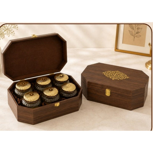 Wooden box with six glass jars for a premium Diwali client gift