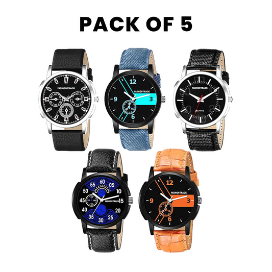 FASHION TRACK Watch Men's Fashion Water Resistant Sports Slim Analogue Quartz Stainless Steel Leather Watches Mens Bracelet (Pack Of -5)