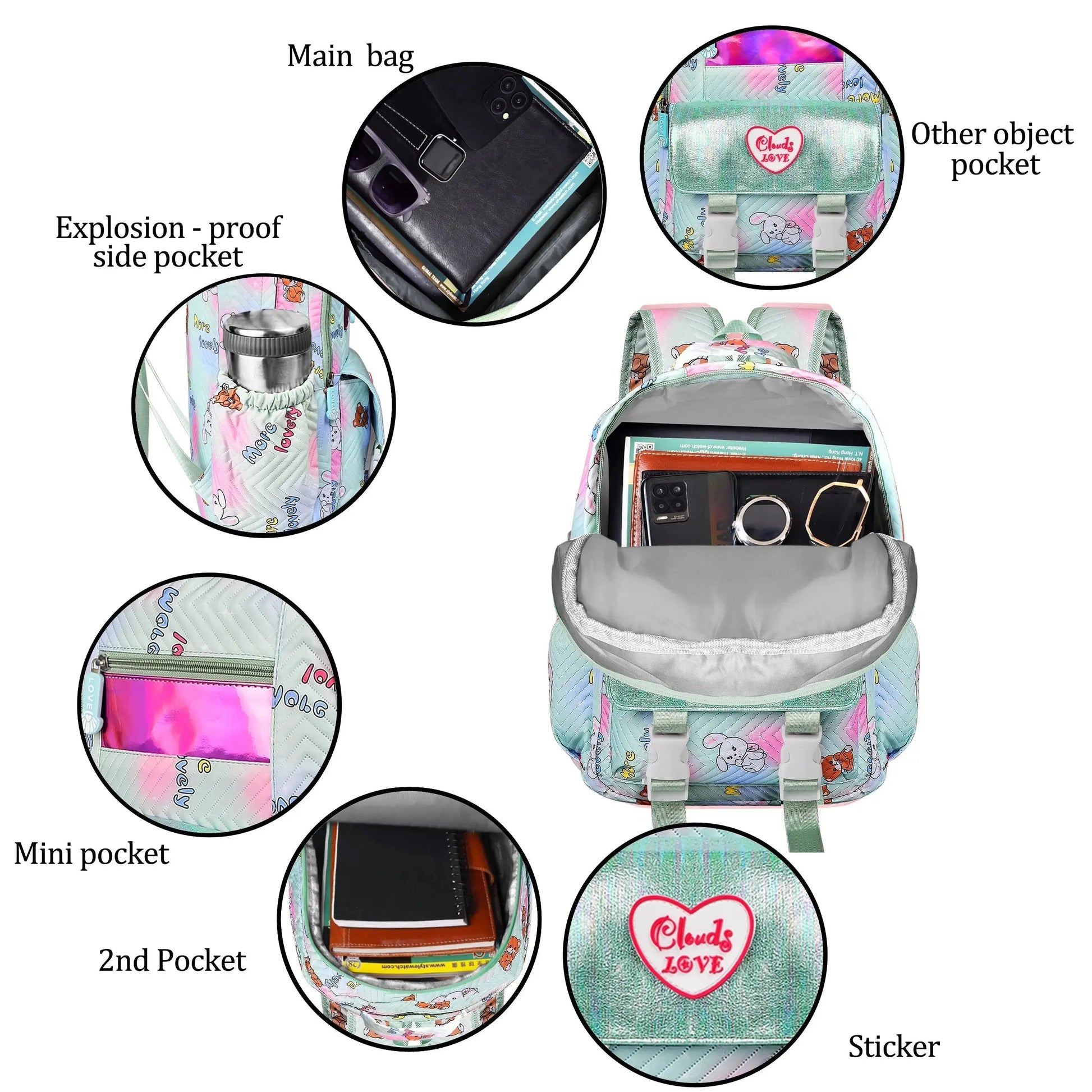 backpack for laptop girl clouds love 15.6 Inch College Cute Bookbag Anti Theft Women Casual backpack for Teen School Girls laptop bag (Green)