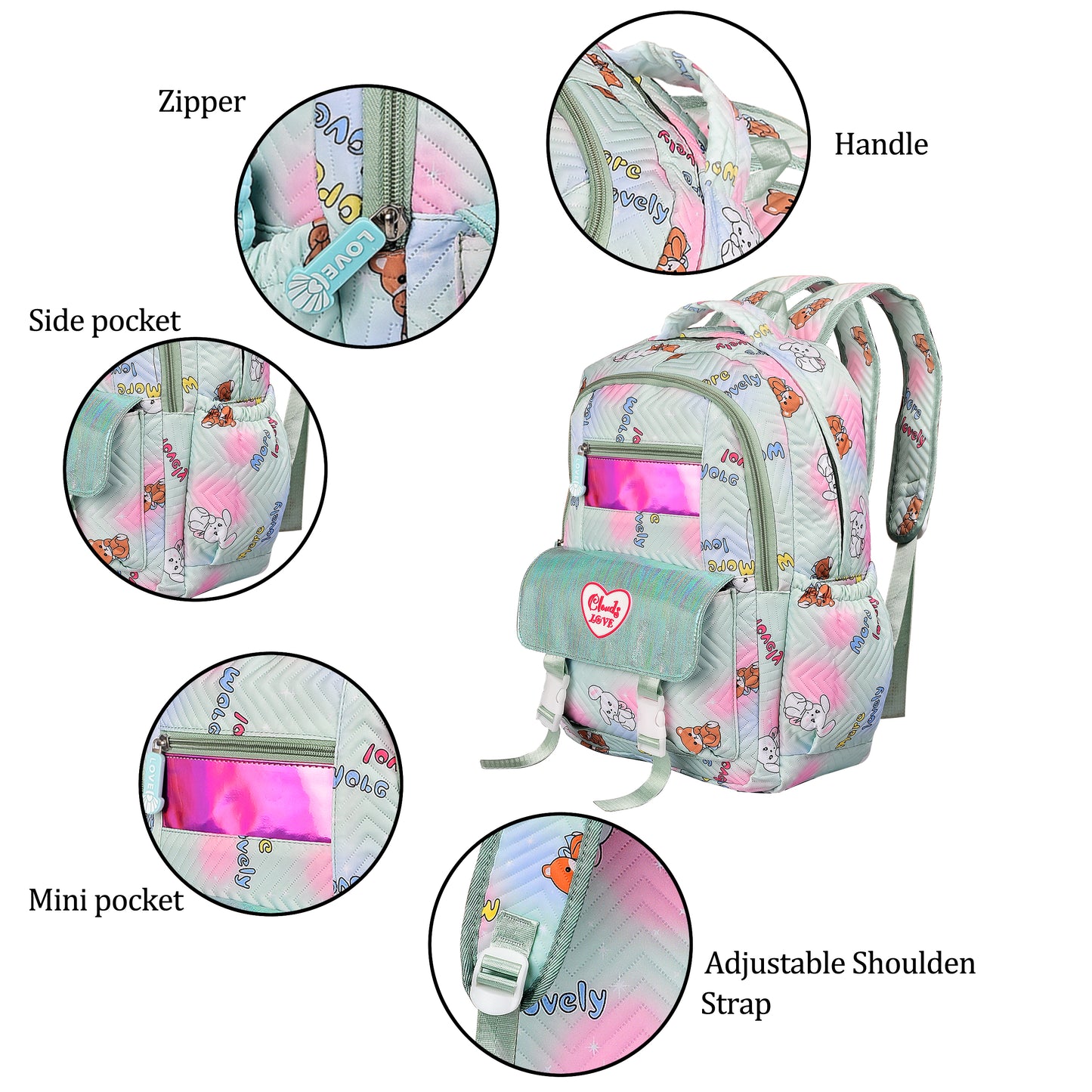 clouds love 15.6 Inch College Cute Bookbag Anti Theft Women Casual backpack for Teen School Girls laptop bag (Green)