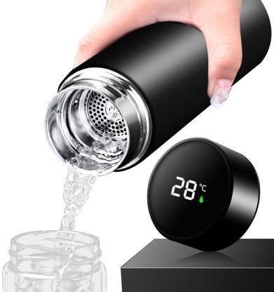 Stainless Steel Sports Water Bottle with LED Temperature Display,Double Wall Vacuum Insulated Water Bottle, Stay Hot for 24 Hrs,Cold for 24 Hrs (Pure Black) 500 milliliters