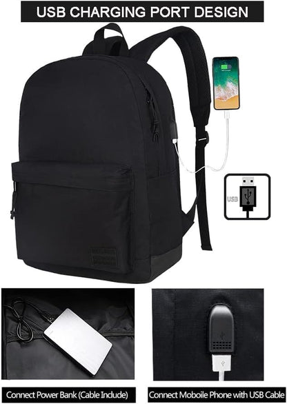 Optima Lightweight Casual Laptop Backpack - USB Charging, Full Black