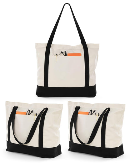 Optima Premium Canvas Tote Bag - 3 Pack, Zipper & External Pocket