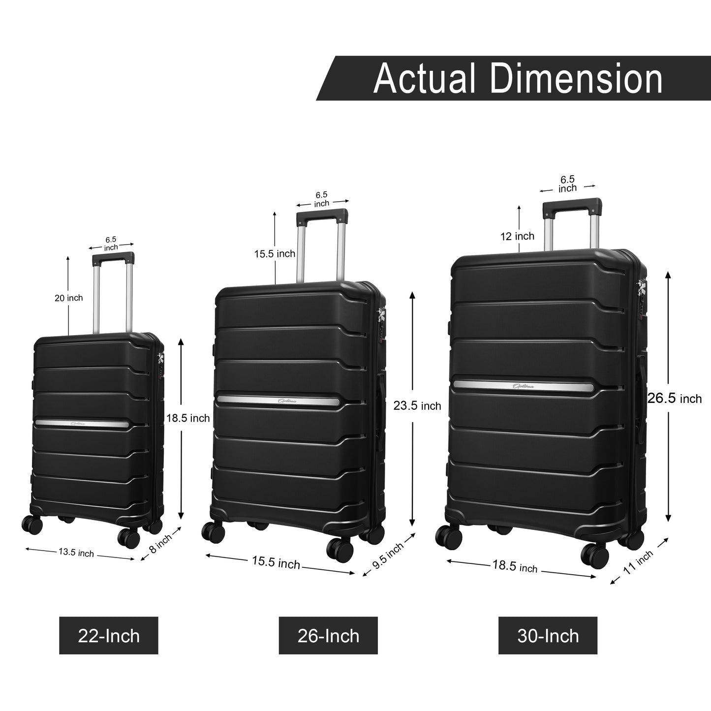 OPTIMA Zenith Hardside Expandable Luggage with Spinners, Black, 3PC SET (Carry-on/Medium/Large) (Black)