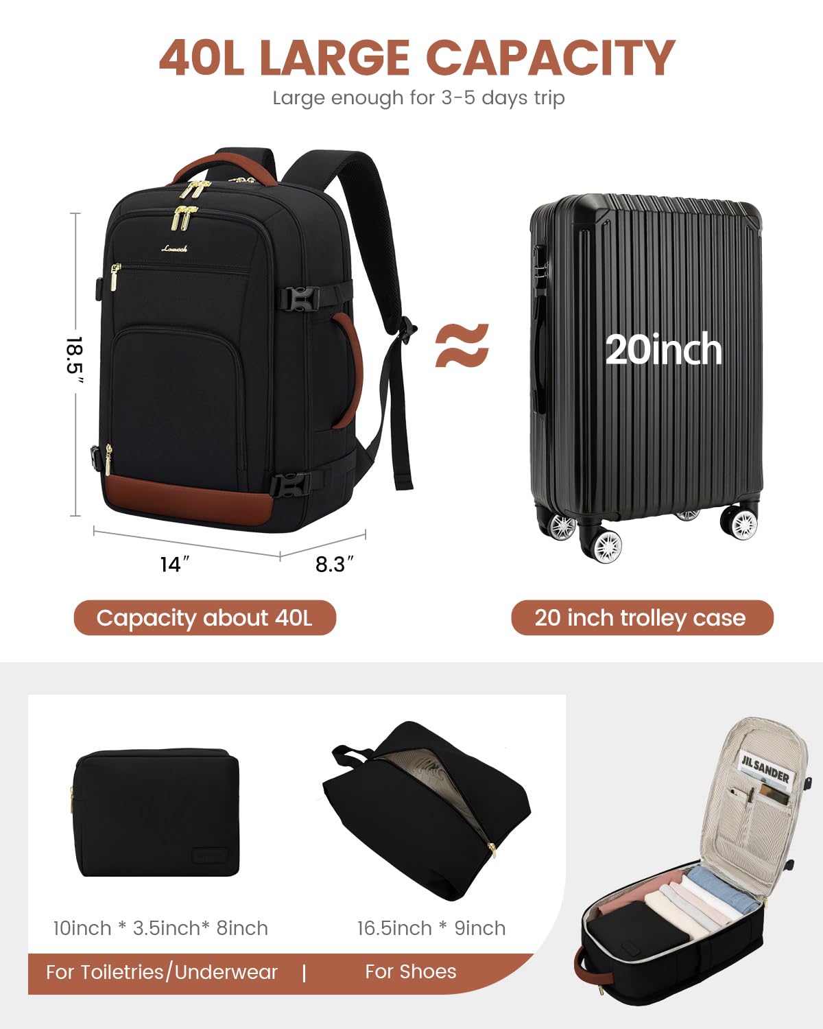 Optima Premium Travel Backpack - 40L, Black-Brown, 17.3 Inch