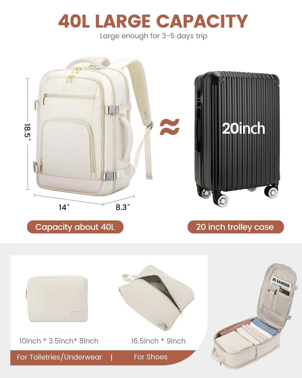 Optima Premium Travel Backpack - 40L, Beige, 17.3 Inch