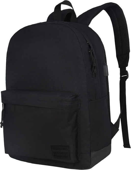 Optima Lightweight Casual Laptop Backpack - USB Charging, Full Black