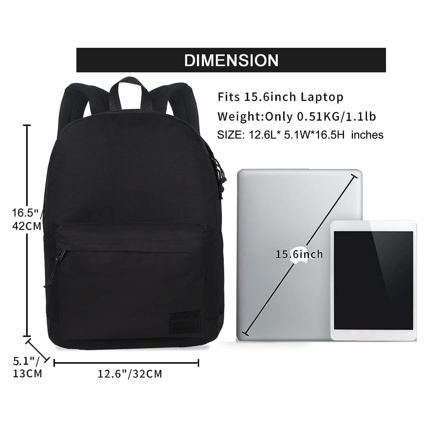 Optima Lightweight Casual Laptop Backpack - USB Charging, Full Black