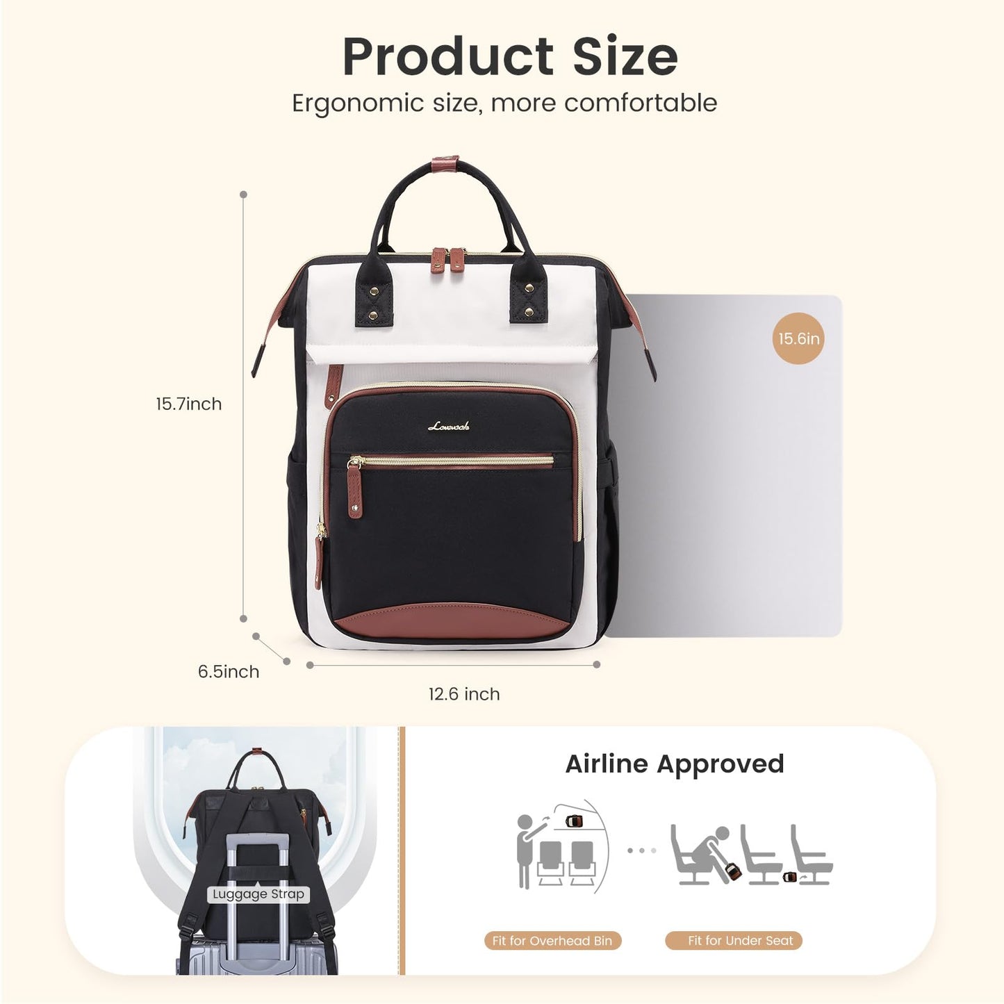 Optima Women's Fashion Laptop Backpack - 15.6 Inch, Beige-Black