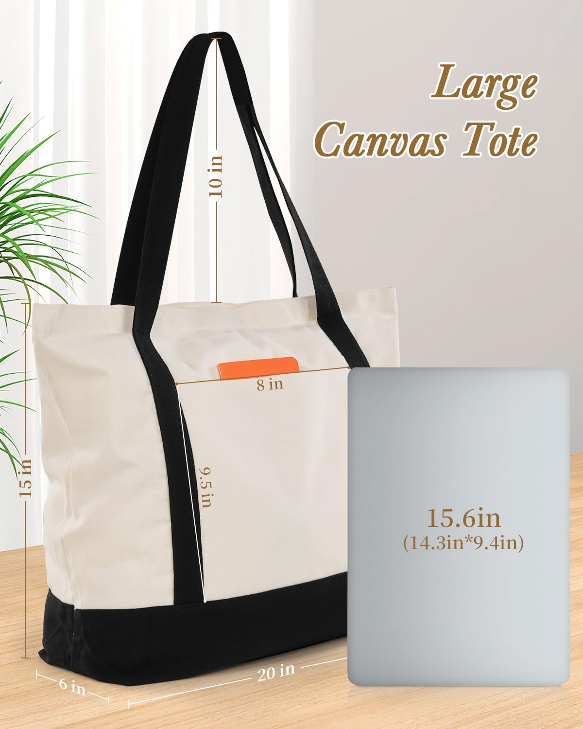 Optima Premium Canvas Tote Bag - 3 Pack, Zipper & External Pocket
