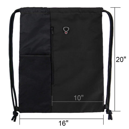 Optima Premium Drawstring Gym Backpack - Black with Water Bottle Pockets