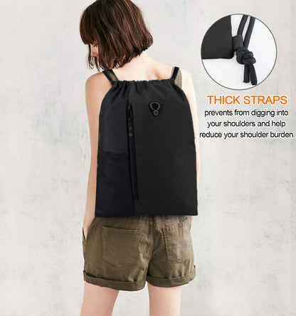 Optima Premium Drawstring Gym Backpack - Black with Water Bottle Pockets