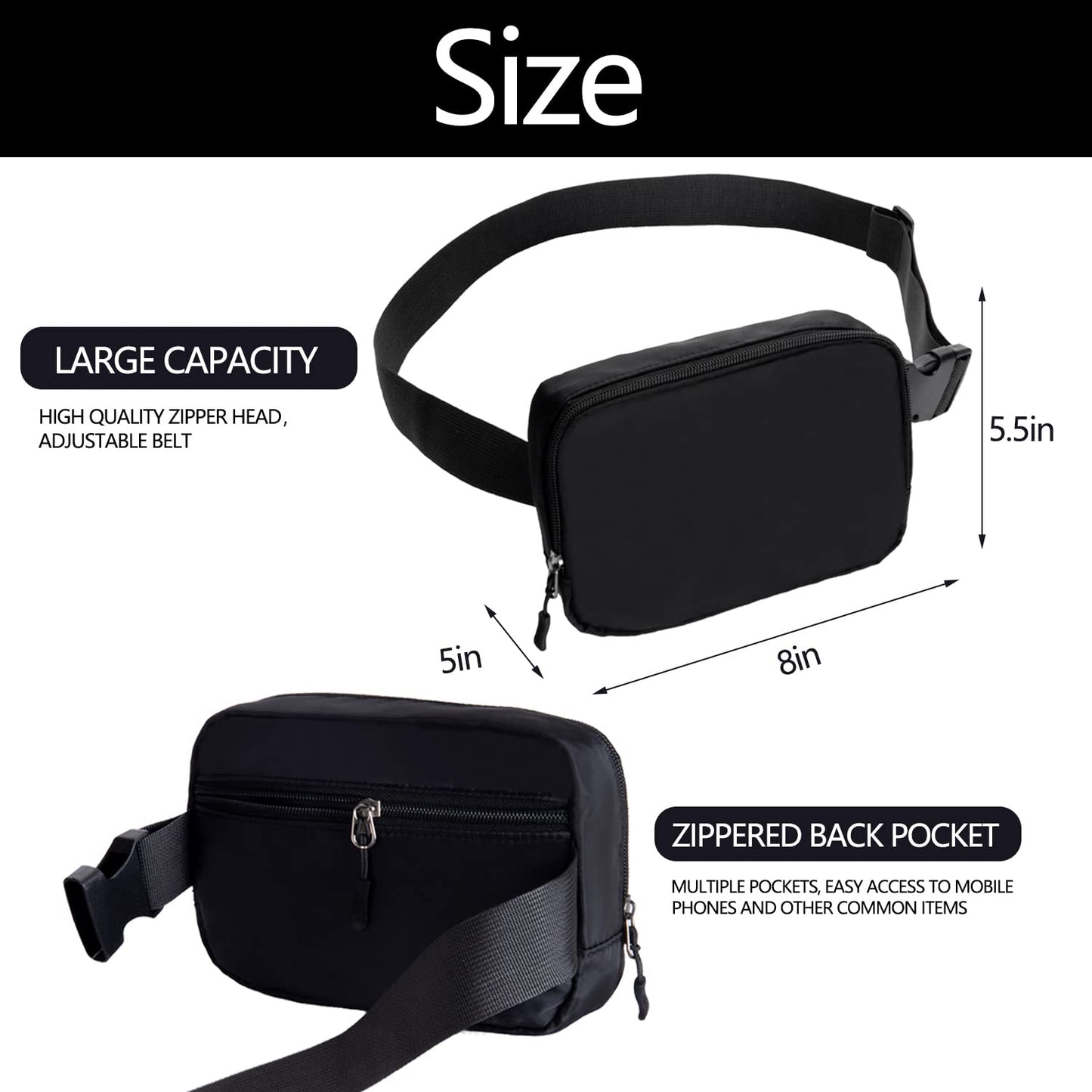 Optima Premium Large Belt Bag - Versatile Fanny Pack with 3 Pockets
