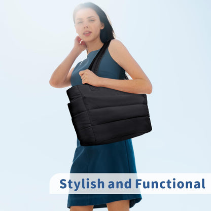 Optima Luxe Quilted Tote Bag - Lightweight, Laptop Compartment, Black