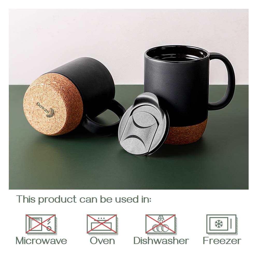 Optima Premium Ceramic Coffee Mugs - 15 oz Set of 2 with Cork Lid