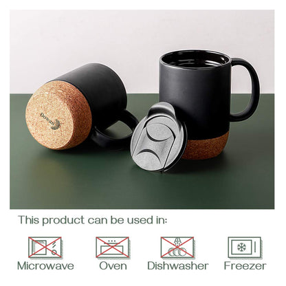 Optima Premium Ceramic Coffee Mugs - 15 oz Set of 2 with Cork Lid