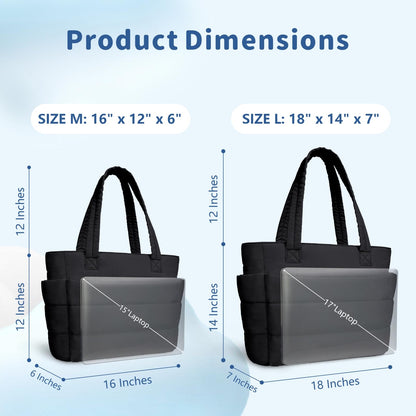 Optima Luxe Quilted Tote Bag - Lightweight, Laptop Compartment, Black