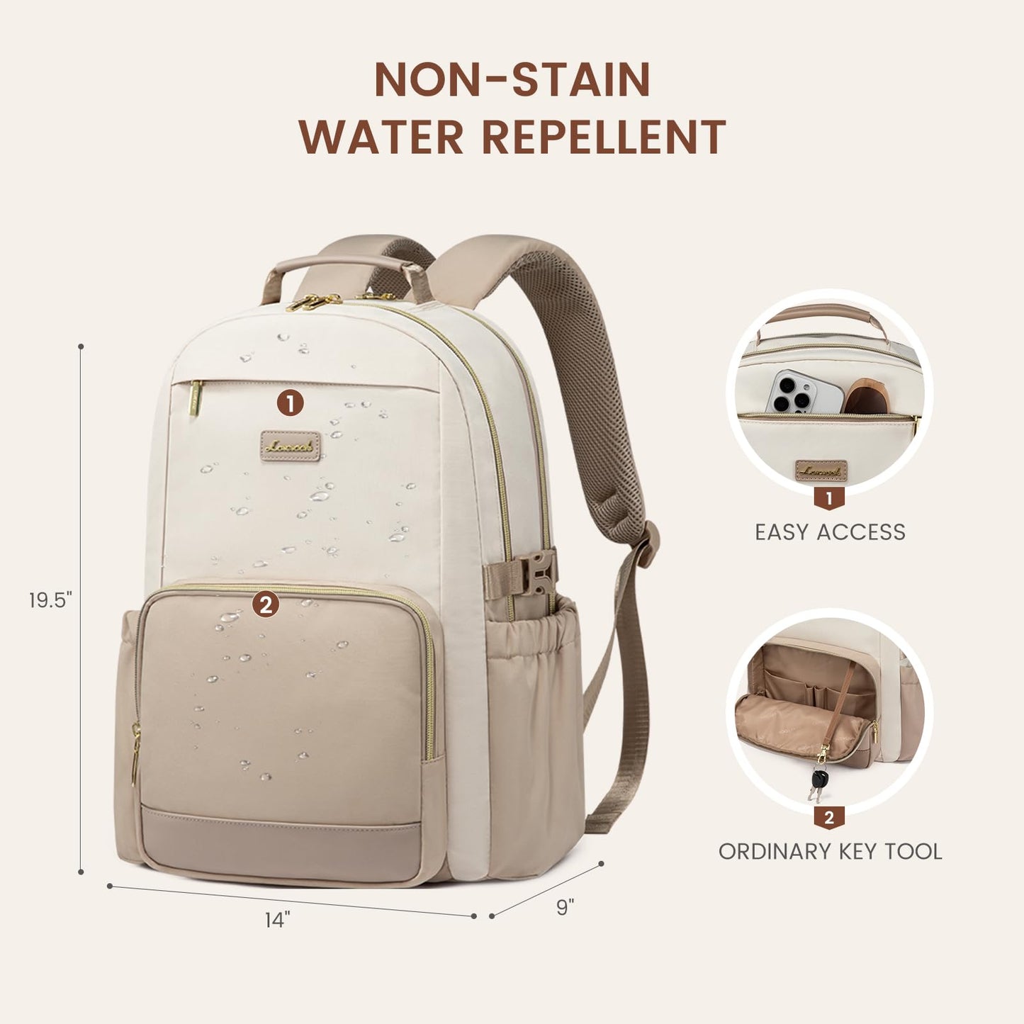 Optima Premium Laptop Backpack - 15.6 Inch, Beige Khaki, Travel Ready
