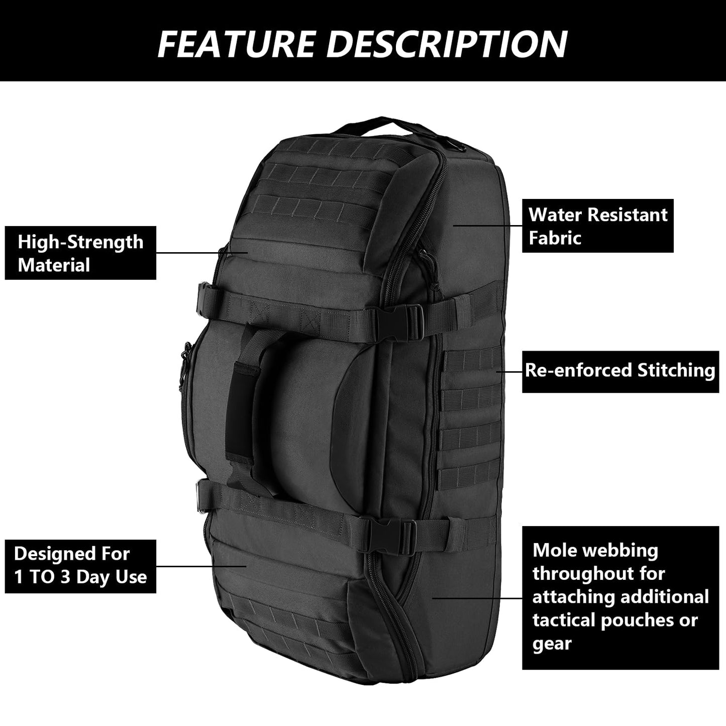 Optima Tactical 65L Duffle Bag - 3-in-1 Backpack for Outdoor Use