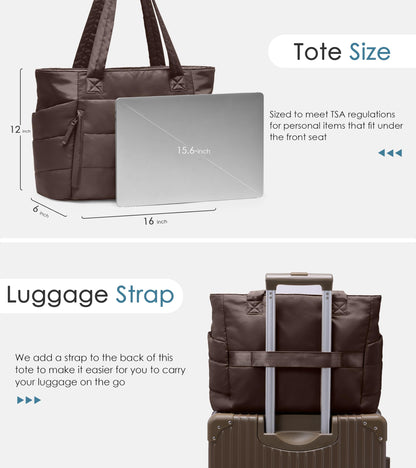 Optima Quilted Puffer Tote Bag - Lightweight, Zippered, Dark Brown
