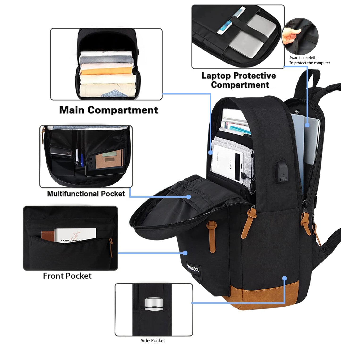 Optima Lightweight Casual Laptop Backpack with USB Port - Black/Brown