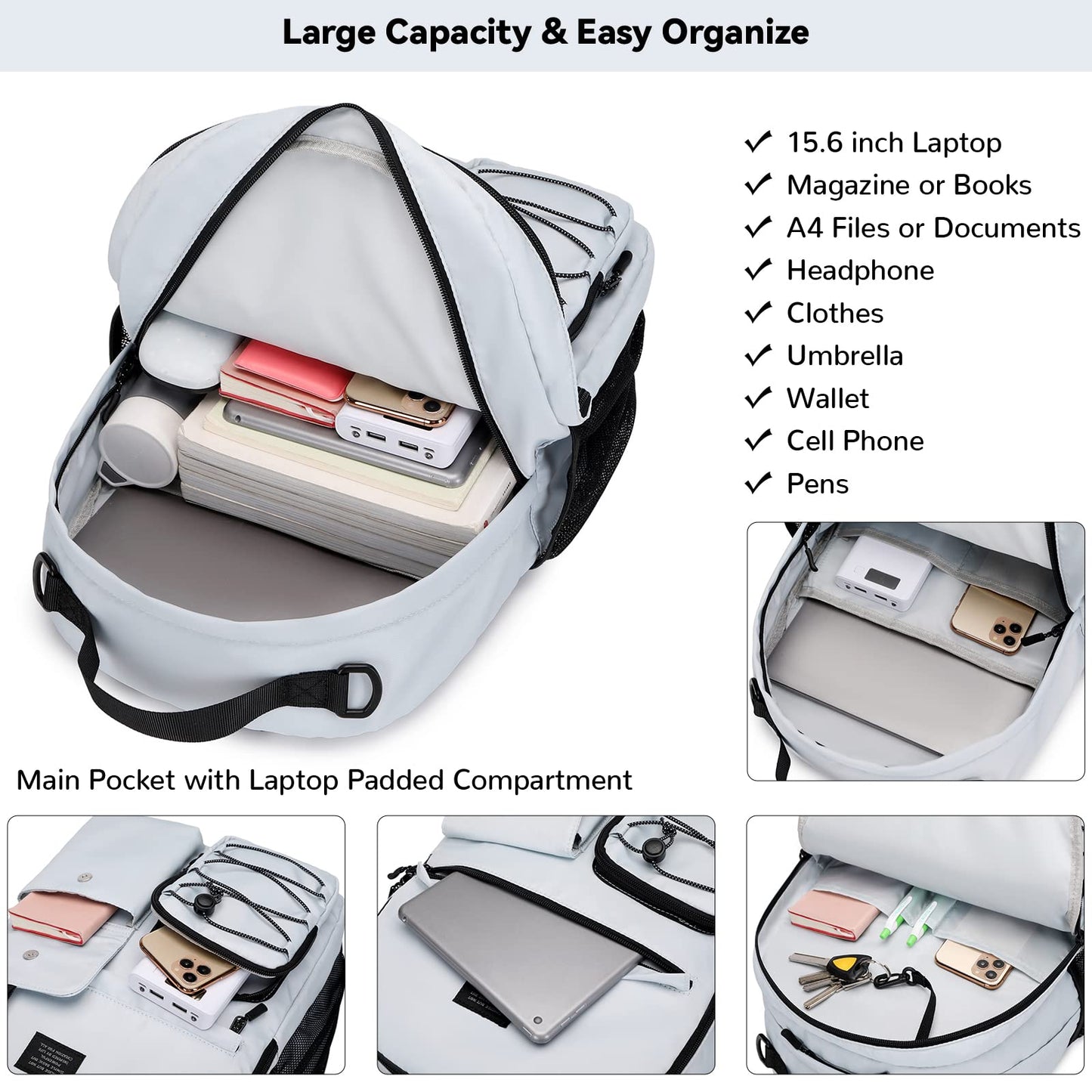 Optima Stylish Daypack Backpack - 15" Laptop Compartment, Black