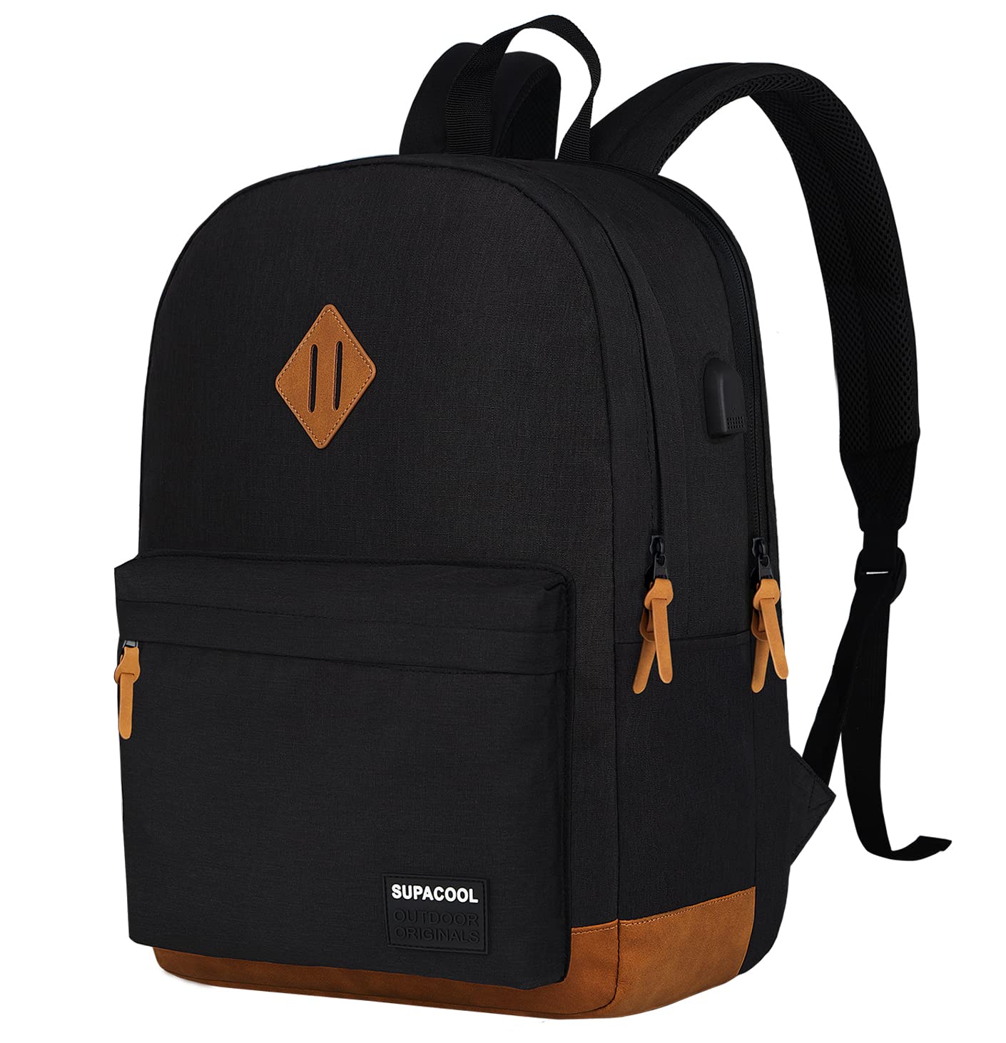 Optima Lightweight Casual Laptop Backpack with USB Port - Black/Brown