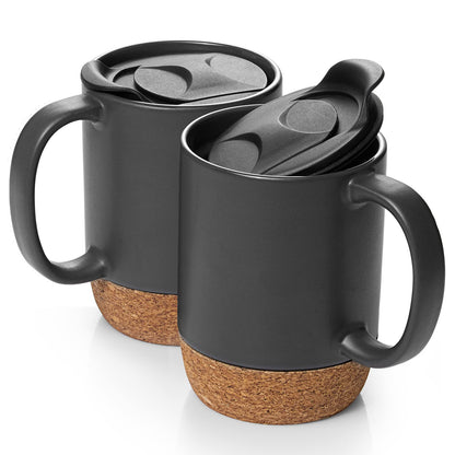 Optima Premium Ceramic Coffee Mugs - 15 oz Set of 2 with Cork Lid