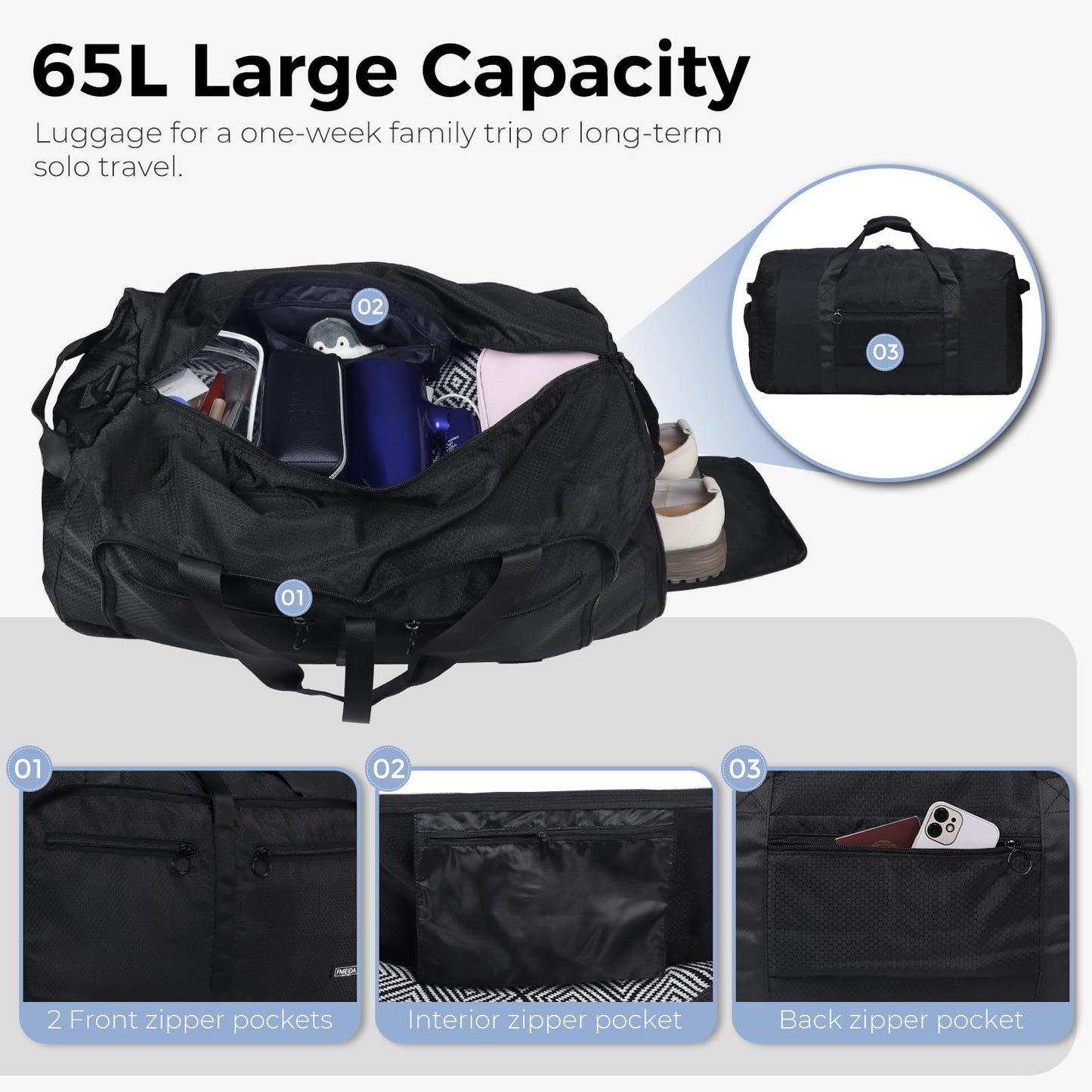 Optima Premium 65L Duffle Bag - Glossy Black with Shoe Compartment