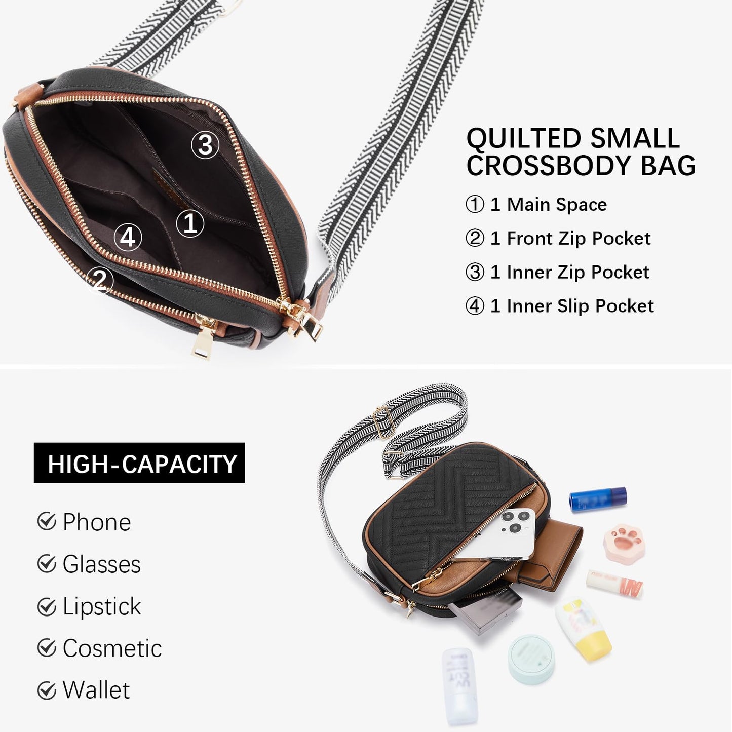 Optima Vegan Leather Crossbody Bag - Quilted Design, 9.5 inches