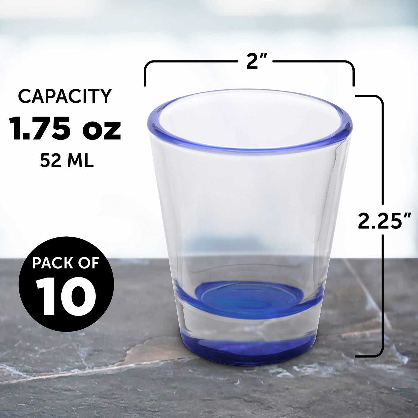 Optima Premium Shot Glasses Set - 1.75 oz, 10-Pack, Blue Bottom