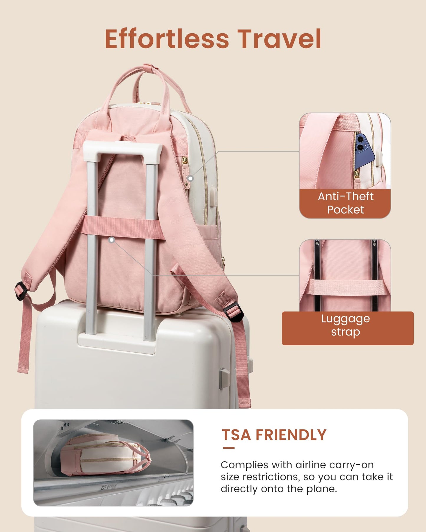 Optima Premium Travel Backpack - 15.6 Inch, USB Charging, Beige-Gray