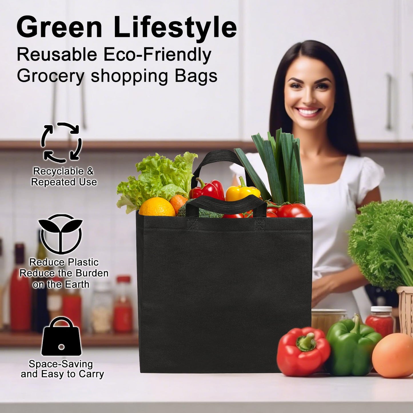 Optima Premium 50-Pack Black Reusable Tote Bags - Non-Woven Material