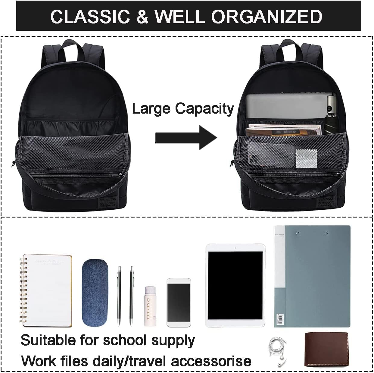 Optima Lightweight Casual Laptop Backpack - USB Charging, Full Black