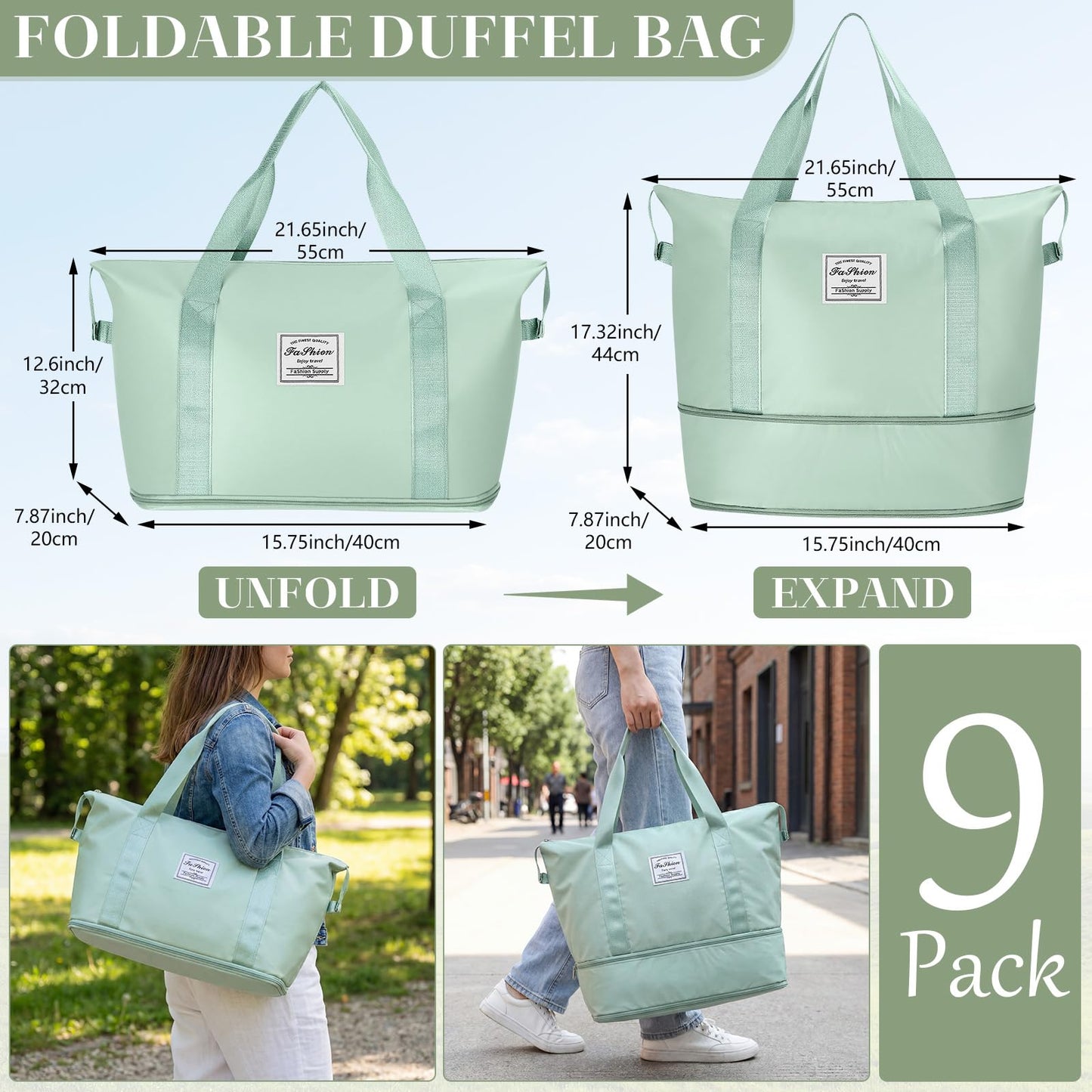 Optima Waterproof Travel Duffel Bag - 9 Pack Expandable Tote