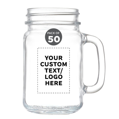 Optima Premium Mason Jar Set - 50 Clear 16 oz. Jars with Handles