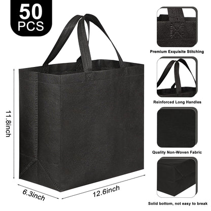 Optima Premium 50-Pack Black Reusable Tote Bags - Non-Woven Material