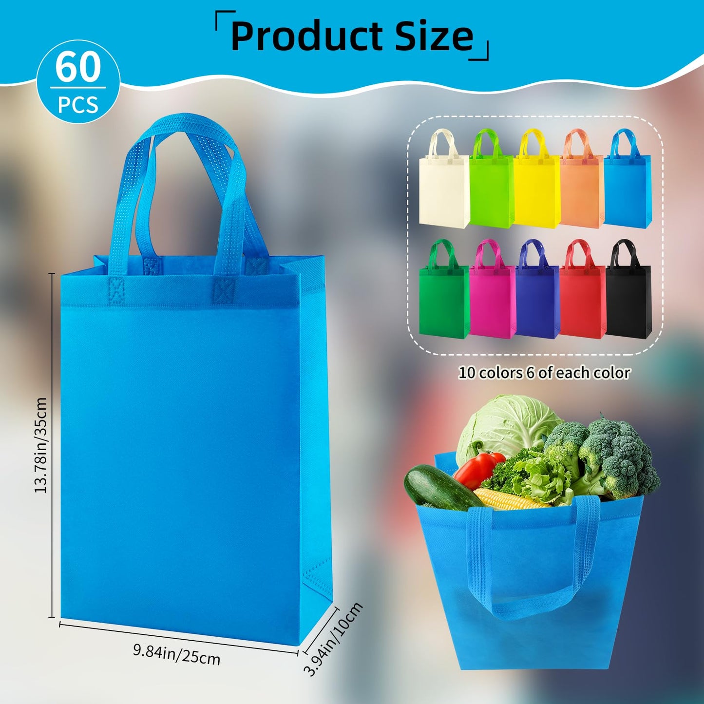 Optima Premium 60 Pack Reusable Non-Woven Tote Bags - 14x10x4 inches