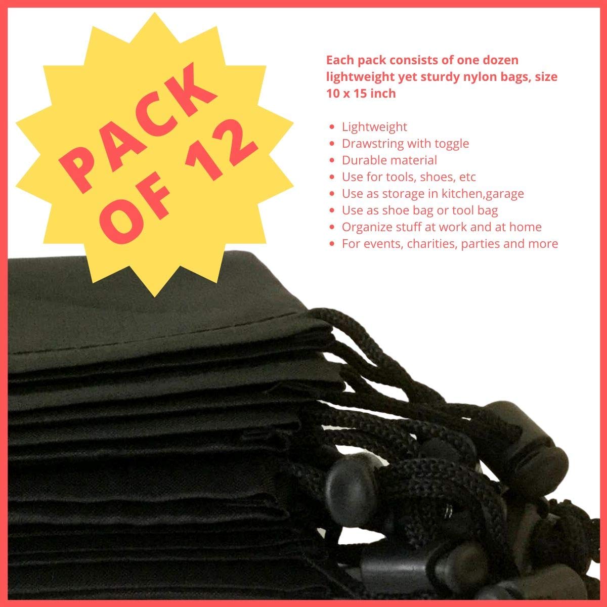 Optima Premium Nylon Drawstring Backpack - 9x12, 12-Pack, Black